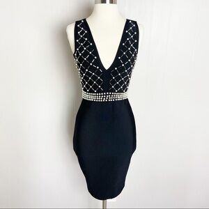 Bebe Body Con Bandage Party Cocktail Dress Black New Size XS 2-4 Pearl Beaded